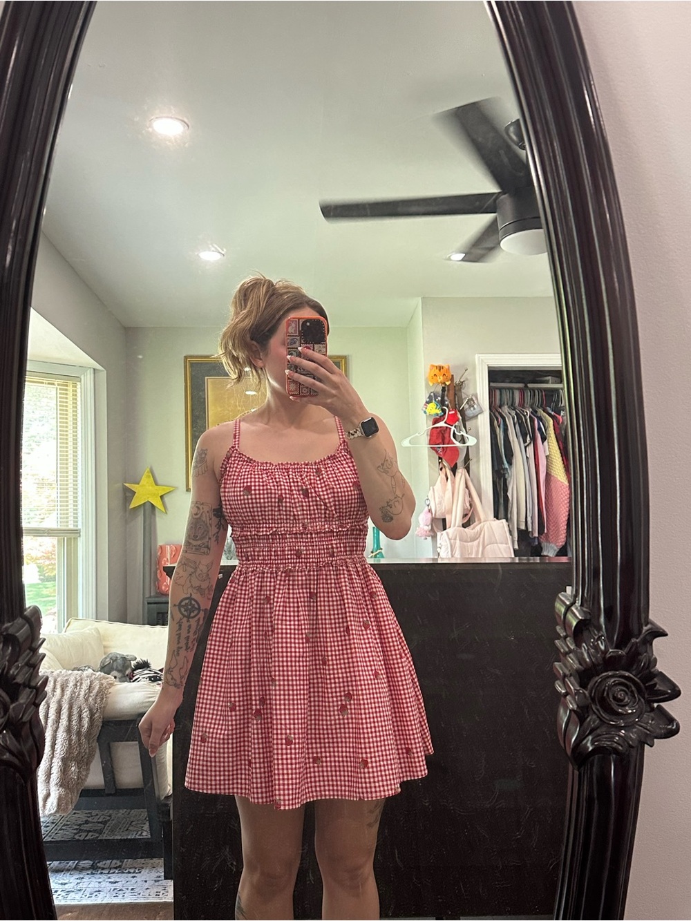 Abercrombie & Fitch Red Gingham Smocked Strap Dress with Strawberry Print - Picture 7 of 8